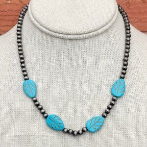 Navajo Style Pearl Necklace with Faux Turquoise Leaves